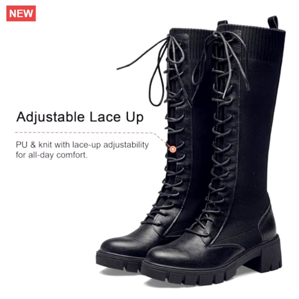 Women's Knee High Combat Boots Chunky Platform Heel Lace Up Work Boots - Picture 5 of 7